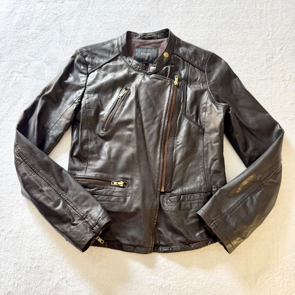 Maje Asymmetric Leather Moto Jacket Womens Size 3‎ L Brown Biker Gold Zip Edgy